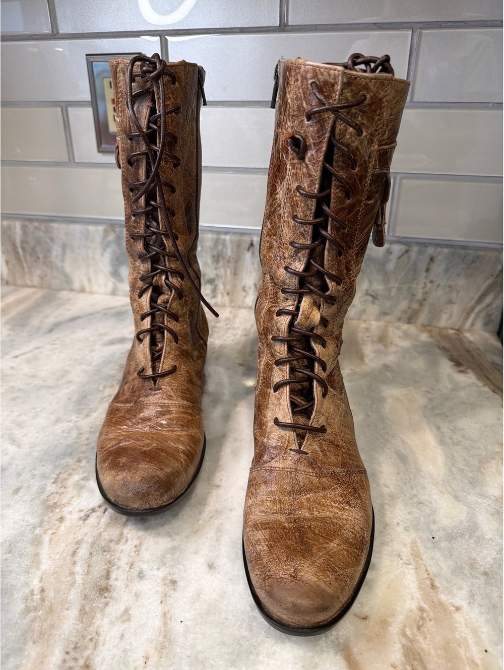 Boemos Italy Tall Leather Lace Up Boots Women’s 7.5 8 EU 38 Distressed Brown